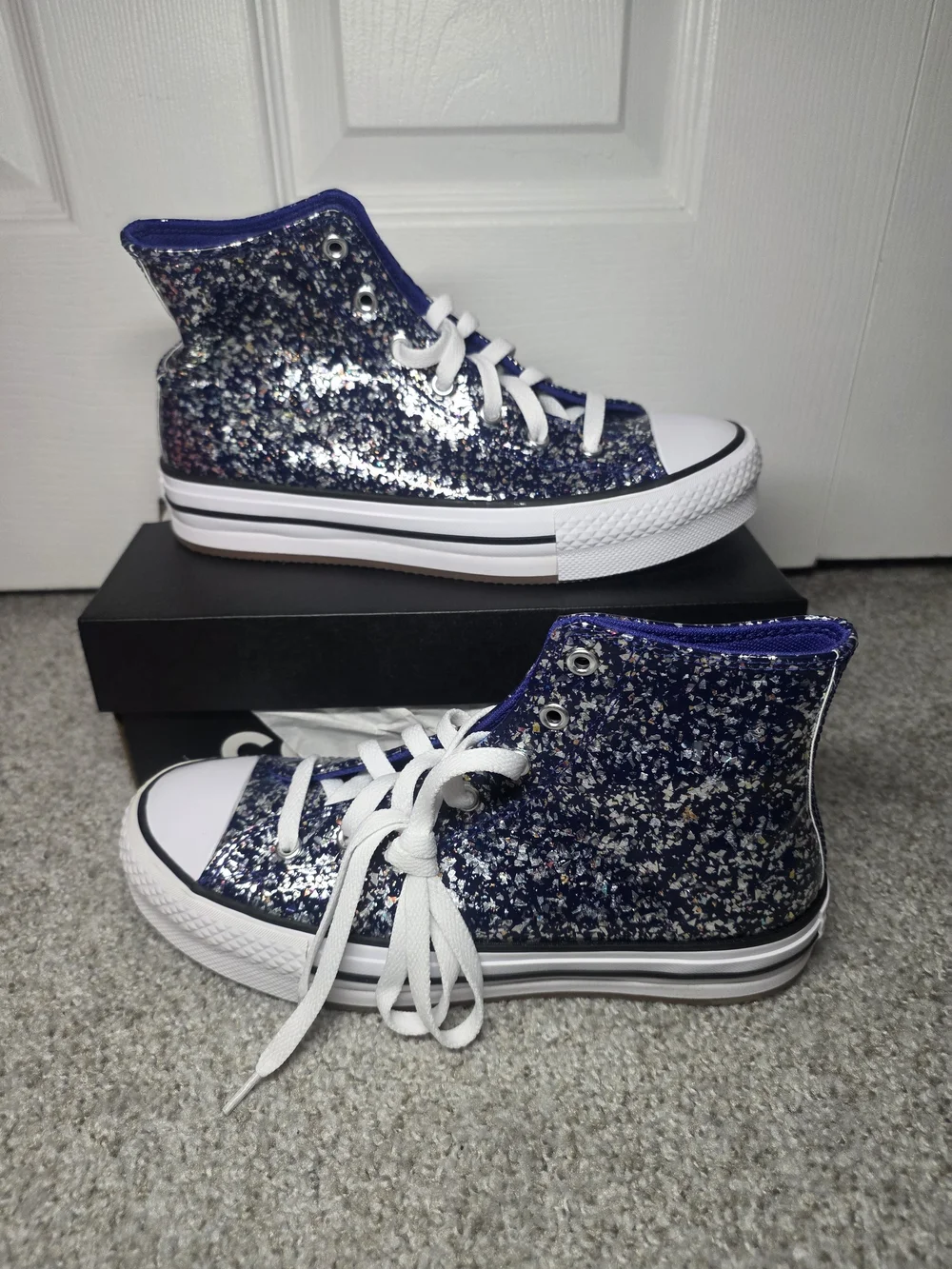 Converse A10043C All Star Glitter Junior Girls Sneakers In Navy Sz 5.5